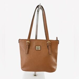 Anne Klein Tan Pebbled Leather Shoulder Tote Bag Gold Logo Classic Work Purse